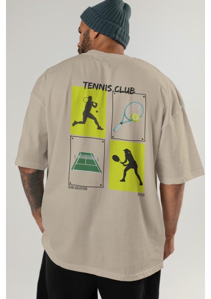 Tennis Club Arka Baskılı Oversize T-Shirt Erkek Kadın %100 Pamuk Bisiklet Yaka Tişort indirimleri
