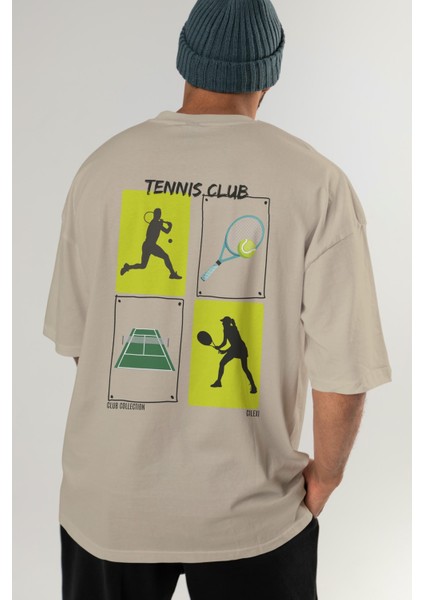Tennis Club Arka Baskılı Oversize T-Shirt Erkek Kadın %100 Pamuk Bisiklet Yaka Tişort