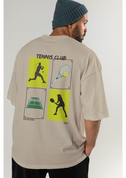 Tennis Club Arka Baskılı Oversize T-Shirt Erkek Kadın %100 Pamuk Bisiklet Yaka Tişort