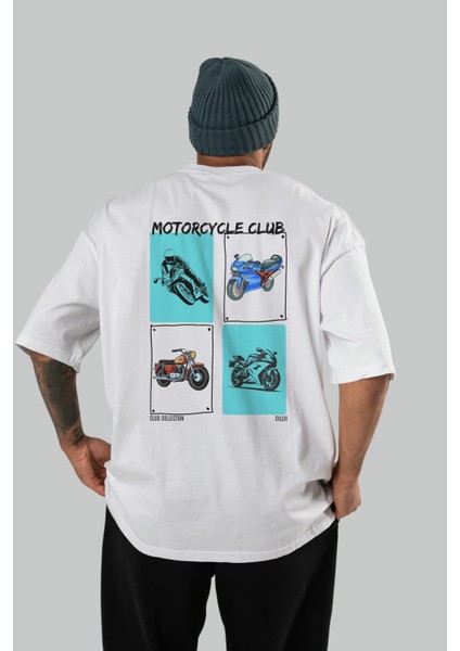 Motorcycle Club Arka Baskılı Oversize T-Shirt Erkek Kadın %100 Pamuk Bisiklet Yaka Tişort