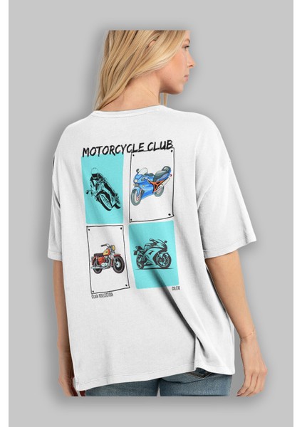 Motorcycle Club Arka Baskılı Oversize T-Shirt Erkek Kadın %100 Pamuk Bisiklet Yaka Tişort modelleri