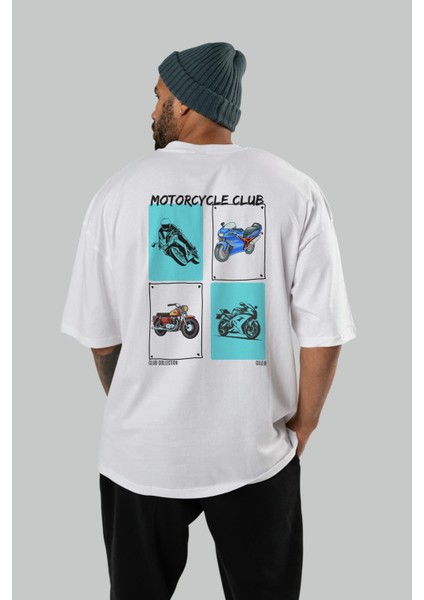 Motorcycle Club Arka Baskılı Oversize T-Shirt Erkek Kadın %100 Pamuk Bisiklet Yaka Tişort fırsatları