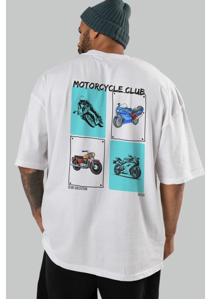 Motorcycle Club Arka Baskılı Oversize T-Shirt Erkek Kadın %100 Pamuk Bisiklet Yaka Tişort indirimleri