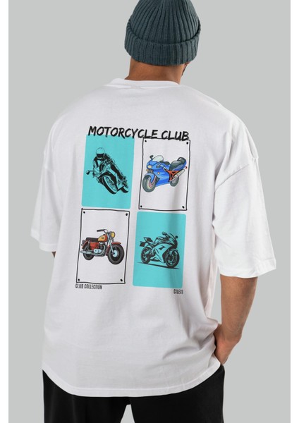 Motorcycle Club Arka Baskılı Oversize T-Shirt Erkek Kadın %100 Pamuk Bisiklet Yaka Tişort