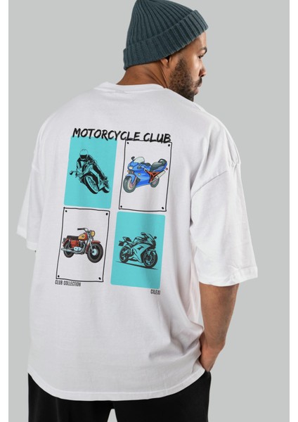 Motorcycle Club Arka Baskılı Oversize T-Shirt Erkek Kadın %100 Pamuk Bisiklet Yaka Tişort