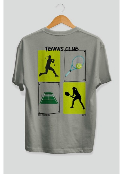 Tennis Club Arka Baskılı Oversize T-Shirt Erkek Kadın %100 Pamuk Bisiklet Yaka Tişort fiyatları