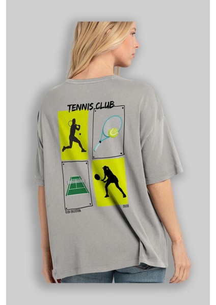 Tennis Club Arka Baskılı Oversize T-Shirt Erkek Kadın %100 Pamuk Bisiklet Yaka Tişort modelleri