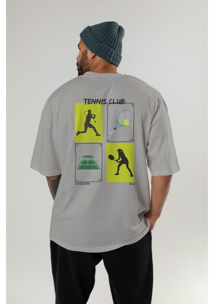 Tennis Club Arka Baskılı Oversize T-Shirt Erkek Kadın %100 Pamuk Bisiklet Yaka Tişort fırsatları