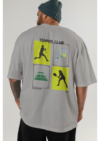 Tennis Club Arka Baskılı Oversize T-Shirt Erkek Kadın %100 Pamuk Bisiklet Yaka Tişort indirimleri