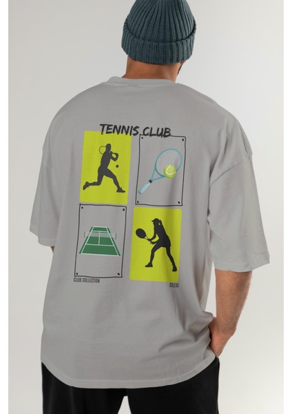 Tennis Club Arka Baskılı Oversize T-Shirt Erkek Kadın %100 Pamuk Bisiklet Yaka Tişort