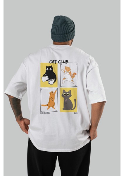 Cat Club Arka Baskılı Oversize T-Shirt Erkek Kadın %100 Pamuk Bisiklet Yaka Tişort
