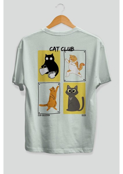 Cat Club Arka Baskılı Oversize T-Shirt Erkek Kadın %100 Pamuk Bisiklet Yaka Tişort fiyatları