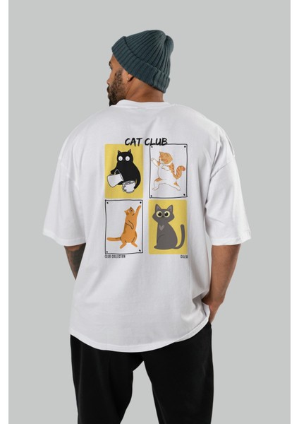 Cat Club Arka Baskılı Oversize T-Shirt Erkek Kadın %100 Pamuk Bisiklet Yaka Tişort fırsatları