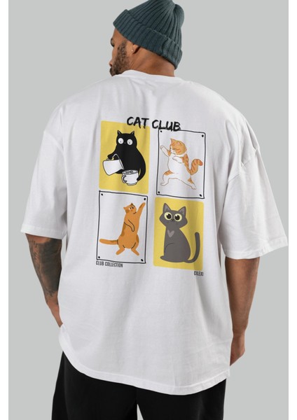 Cat Club Arka Baskılı Oversize T-Shirt Erkek Kadın %100 Pamuk Bisiklet Yaka Tişort indirimleri