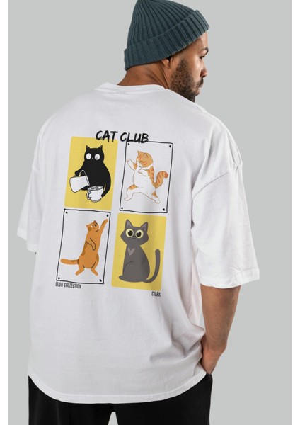 Cat Club Arka Baskılı Oversize T-Shirt Erkek Kadın %100 Pamuk Bisiklet Yaka Tişort
