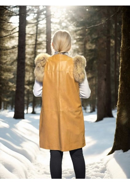 Kadın Kolsuz Hakiki Deri Kürk - Hardal fiyatları