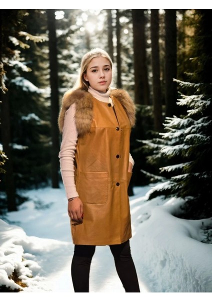 Kadın Kolsuz Hakiki Deri Kürk - Hardal modelleri