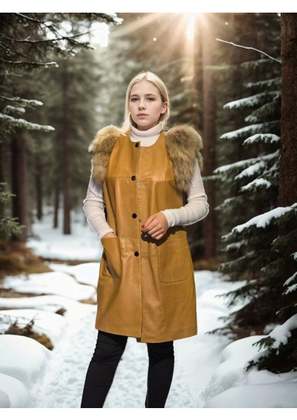 Kadın Kolsuz Hakiki Deri Kürk - Hardal fırsatları