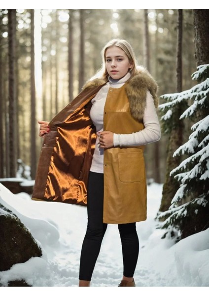 Kadın Kolsuz Hakiki Deri Kürk - Hardal indirimleri