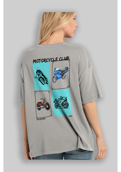 Motorcycle Club Arka Baskılı Oversize T-Shirt Erkek Kadın %100 Pamuk Bisiklet Yaka Tişort modelleri