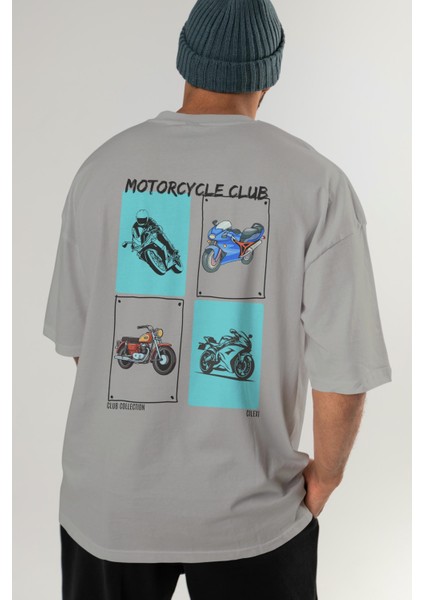 Motorcycle Club Arka Baskılı Oversize T-Shirt Erkek Kadın %100 Pamuk Bisiklet Yaka Tişort