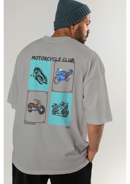 Motorcycle Club Arka Baskılı Oversize T-Shirt Erkek Kadın %100 Pamuk Bisiklet Yaka Tişort