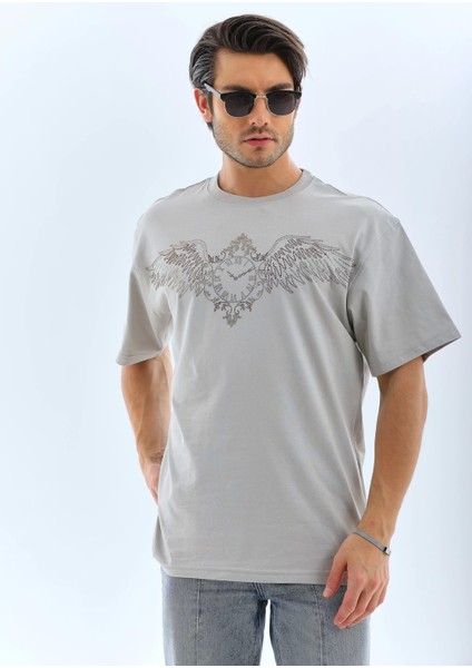 Unisex Oversize Taşlı Bisiklet Yaka T-Shirt - Gri indirimleri