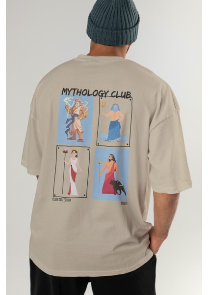 Mythology Club 2 Arka Baskılı Oversize T-Shirt Erkek Kadın %100 Pamuk Bisiklet Yaka Tişort