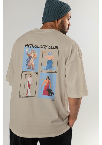 Mythology Club 2 Arka Baskılı Oversize T-Shirt Erkek Kadın %100 Pamuk Bisiklet Yaka Tişort
