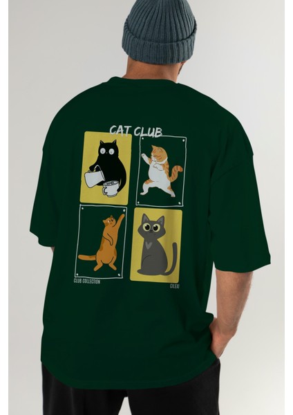 Cat Club Arka Baskılı Oversize T-Shirt Erkek Kadın %100 Pamuk Bisiklet Yaka Tişort