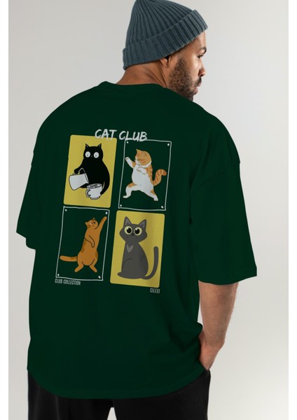 Cat Club Arka Baskılı Oversize T-Shirt Erkek Kadın %100 Pamuk Bisiklet Yaka Tişort