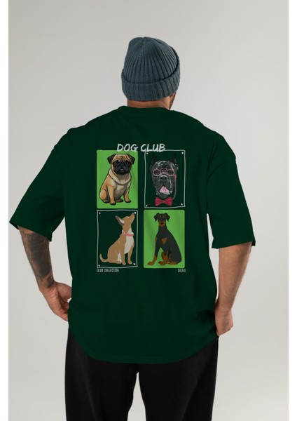 Dog Club Arka Baskılı Oversize T-Shirt Erkek Kadın %100 Pamuk Bisiklet Yaka Tişort