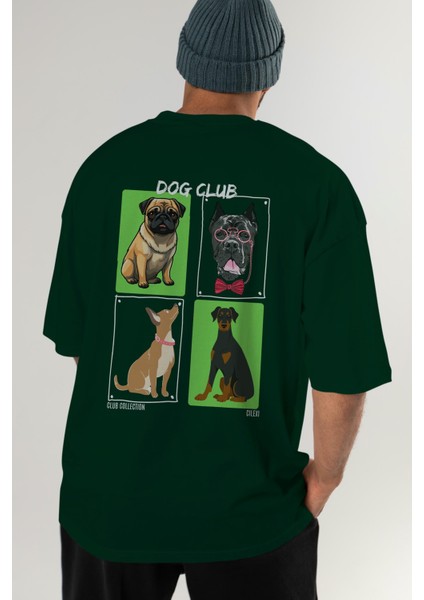 Dog Club Arka Baskılı Oversize T-Shirt Erkek Kadın %100 Pamuk Bisiklet Yaka Tişort