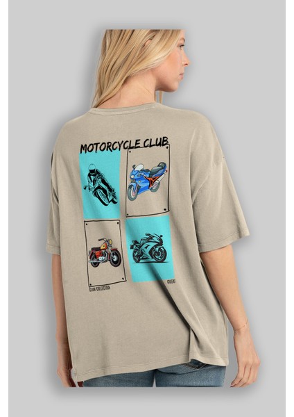 Motorcycle Club Arka Baskılı Oversize T-Shirt Erkek Kadın %100 Pamuk Bisiklet Yaka Tişort modelleri