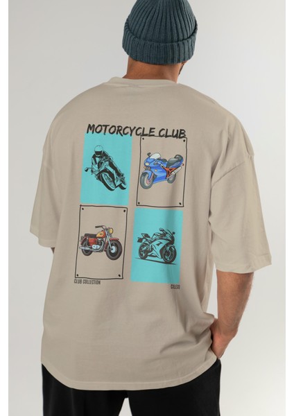 Motorcycle Club Arka Baskılı Oversize T-Shirt Erkek Kadın %100 Pamuk Bisiklet Yaka Tişort