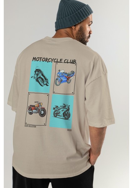 Motorcycle Club Arka Baskılı Oversize T-Shirt Erkek Kadın %100 Pamuk Bisiklet Yaka Tişort