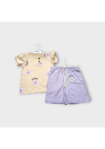 Kız Bebek Summer Baskılı Kısa Kollu Tişört ve Şort Takım - Lila/bej - 9-18 Ay fiyatları