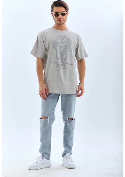 Unisex Oversize Taşlı Bisiklet Yaka T-Shirt - Gri