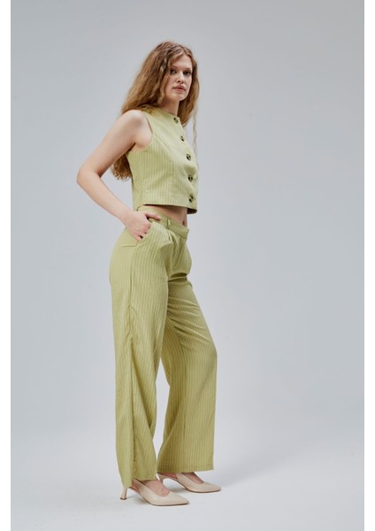 Haki Çizgili Modal Yelek-Pantolon Takım