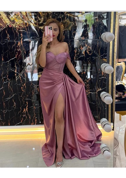 Büstiyer Transparan Parlak Yırtmaçlı Pelerin Kuyruklu Abiye Elbise fiyatları