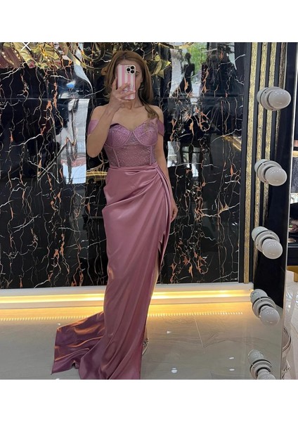 Büstiyer Transparan Parlak Yırtmaçlı Pelerin Kuyruklu Abiye Elbise fırsatları