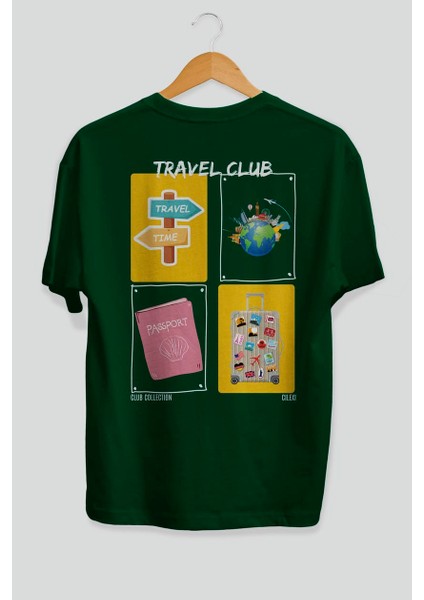 Travel Club Arka Baskılı Oversize T-Shirt Erkek Kadın %100 Pamuk Bisiklet Yaka Tişort fiyatları
