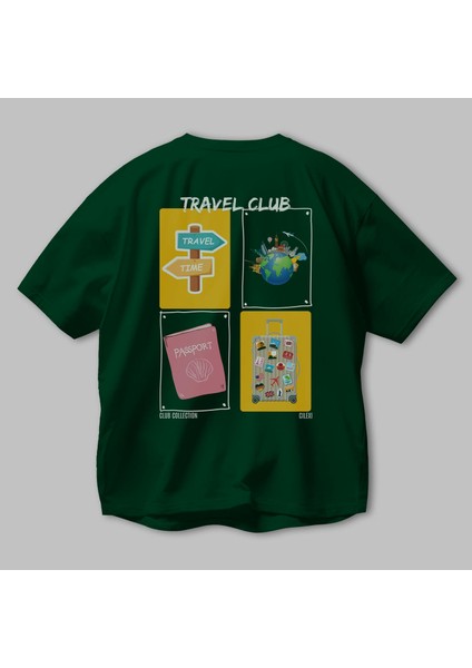 Travel Club Arka Baskılı Oversize T-Shirt Erkek Kadın %100 Pamuk Bisiklet Yaka Tişort modelleri
