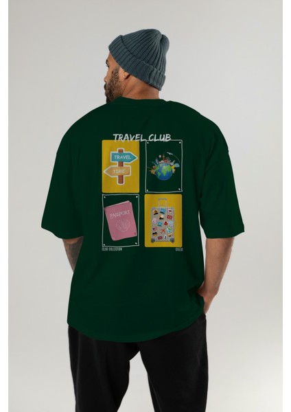 Travel Club Arka Baskılı Oversize T-Shirt Erkek Kadın %100 Pamuk Bisiklet Yaka Tişort indirimleri