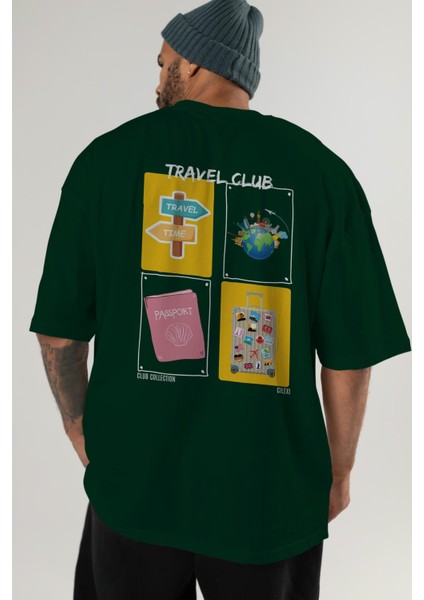 Travel Club Arka Baskılı Oversize T-Shirt Erkek Kadın %100 Pamuk Bisiklet Yaka Tişort