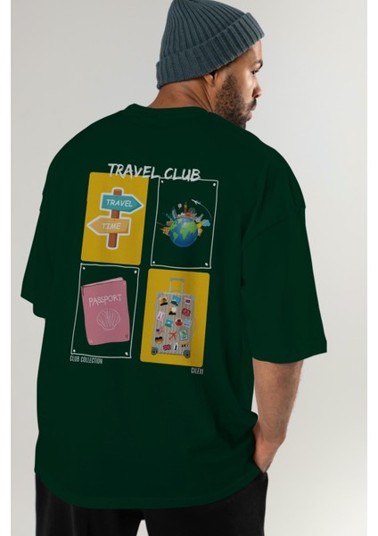 Travel Club Arka Baskılı Oversize T-Shirt Erkek Kadın %100 Pamuk Bisiklet Yaka Tişort