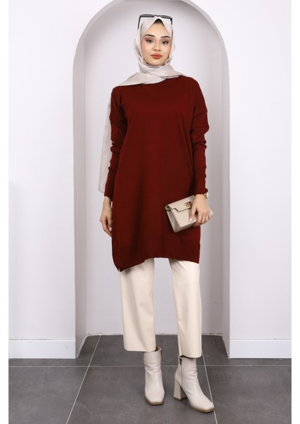 Koyu Bordo Bisiklet Yaka Merserize Salaş Triko Tunik fiyatları