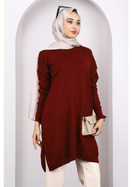 Koyu Bordo Bisiklet Yaka Merserize Salaş Triko Tunik modelleri