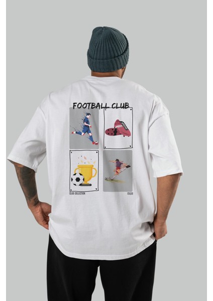 Football Club Arka Baskılı Oversize T-Shirt Erkek Kadın %100 Pamuk Bisiklet Yaka Tişort
