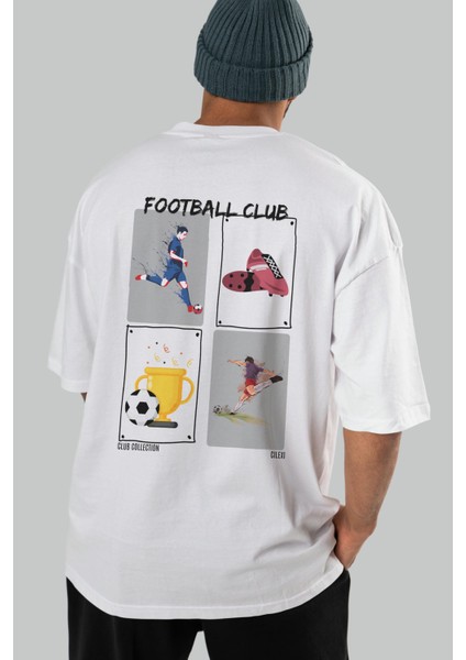 Football Club Arka Baskılı Oversize T-Shirt Erkek Kadın %100 Pamuk Bisiklet Yaka Tişort